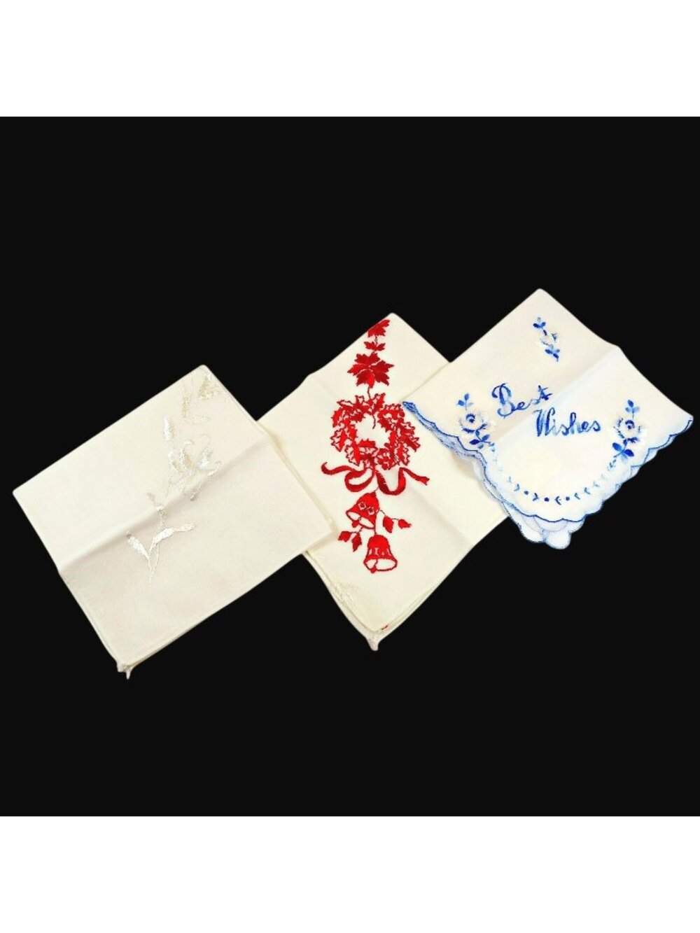 1940s Hand Embroidered Hankie Lot of 3 - Floral, Holiday, Sentiment